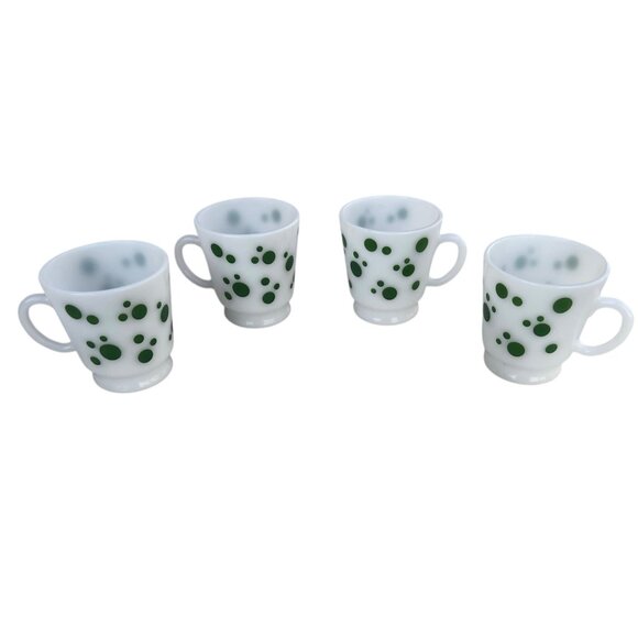 Hazel Atlas Milk Glass Footed Mugs Set Of 4 Green Polka Dot MCM Logo Retro Gift - Picture 1 of 9